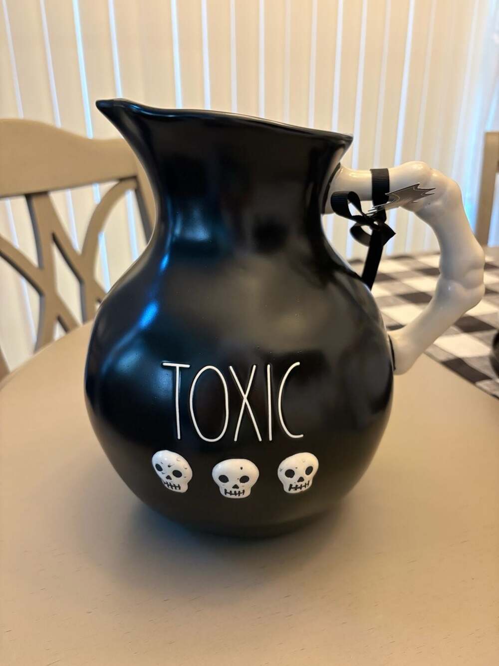 Rae Dunn TOXIC Black Halloween Pitcher with Skeleton Bone Handle